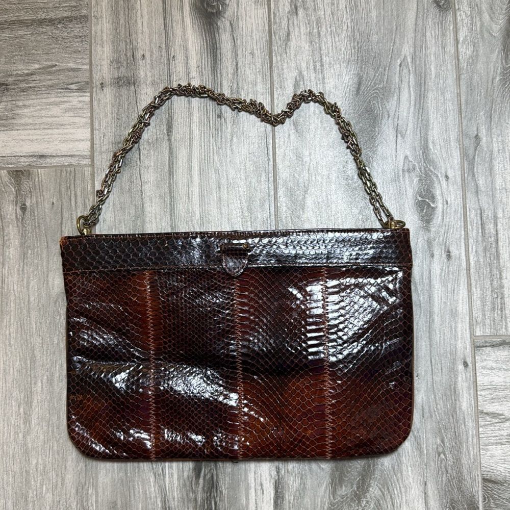 David Mehler For Dame Ladies Brown Snake Skin Print Chain Handle Clutch Handbag - Picture 1 of 8